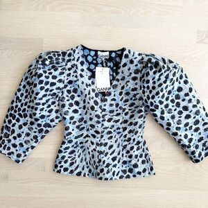 Ganni Jacquard Egret Puff 3/4 Length Sleeve Blouse